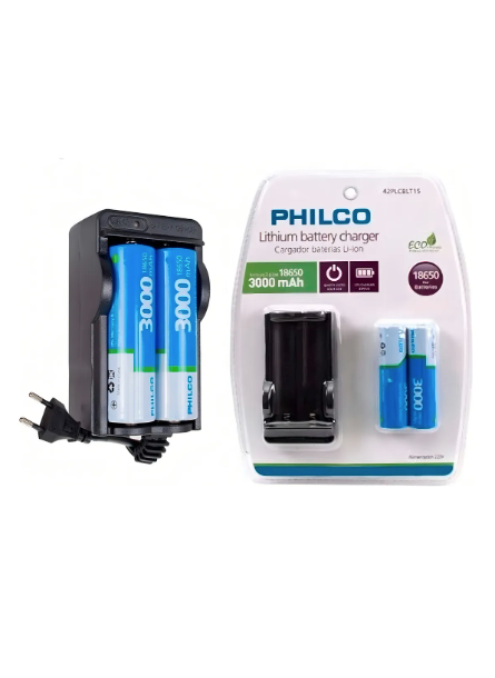 Cargador Philco Para Bateria De Litio 18650 + 2 Baterias Cargador Philco Para Bateria De Litio 18650 + 2 Baterias